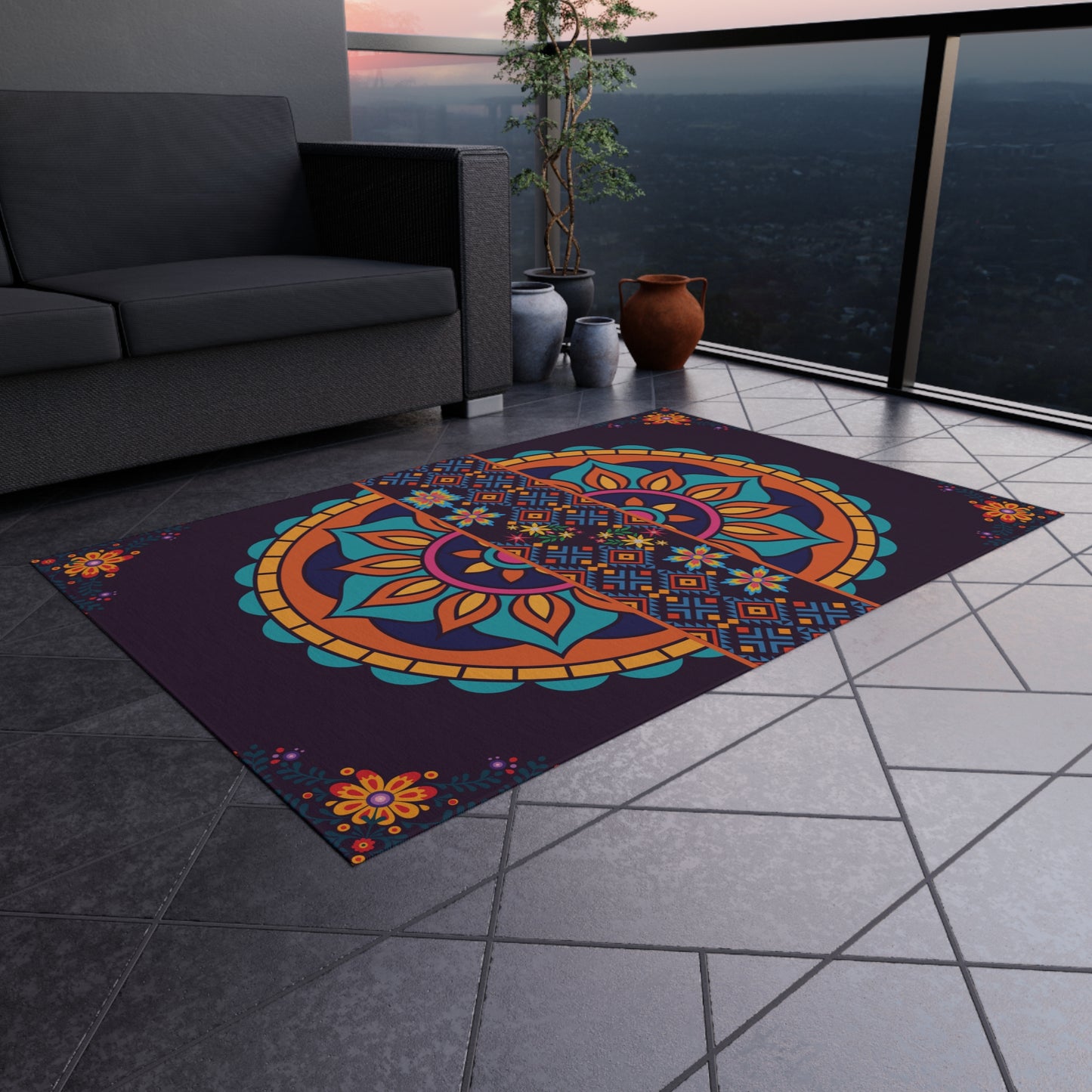 Outdoor Rug Patio – Boho Mandala, Non-Slip, Plum Jewel Tone, Weather-Ready