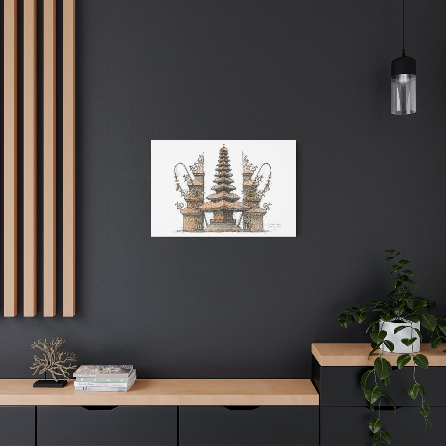 Bali Wall Art: Balinese Temple Scribble Canvas Decoration Print 60x40 inch