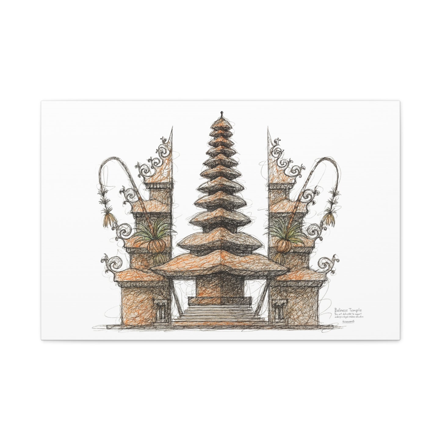 Bali Wall Art: Balinese Temple Scribble Canvas Decoration Print 60x40 inch