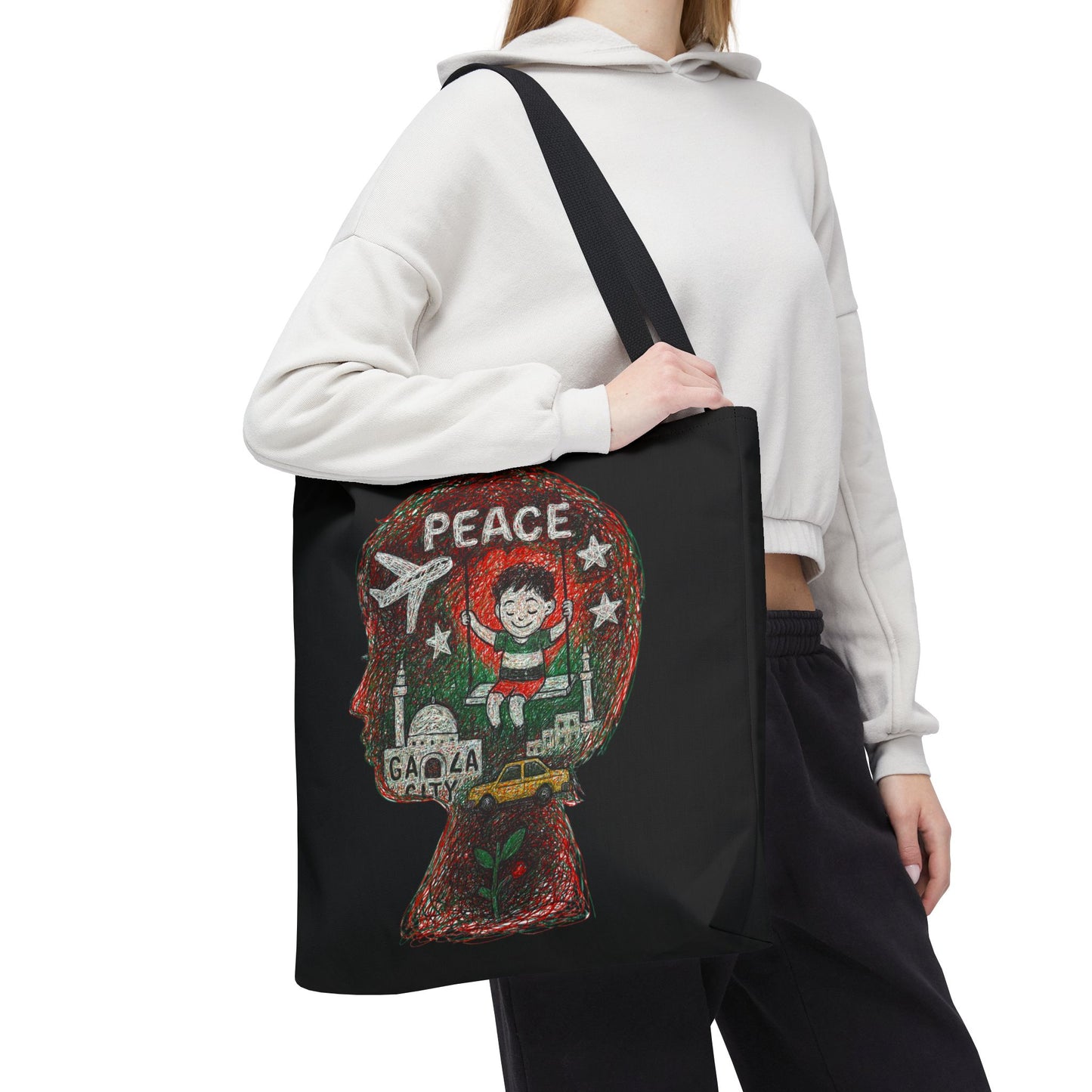 Gaza Palestine Peace Scribble Art Tote Bag – 18x18" Handmade Design | Eco-Friendly Shoulder Bag | Charity Gift Supporting Children’s Education