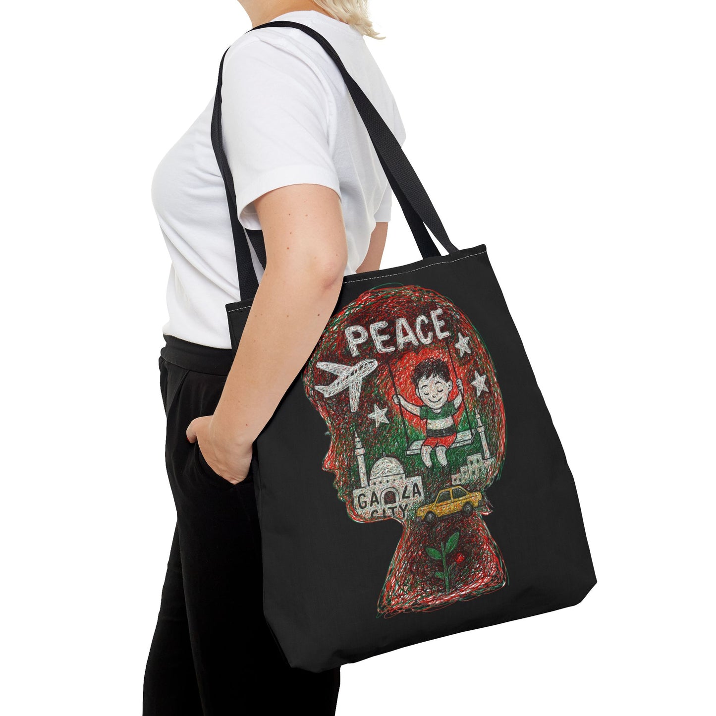 Gaza Palestine Peace Scribble Art Tote Bag – 18x18" Handmade Design | Eco-Friendly Shoulder Bag | Charity Gift Supporting Children’s Education