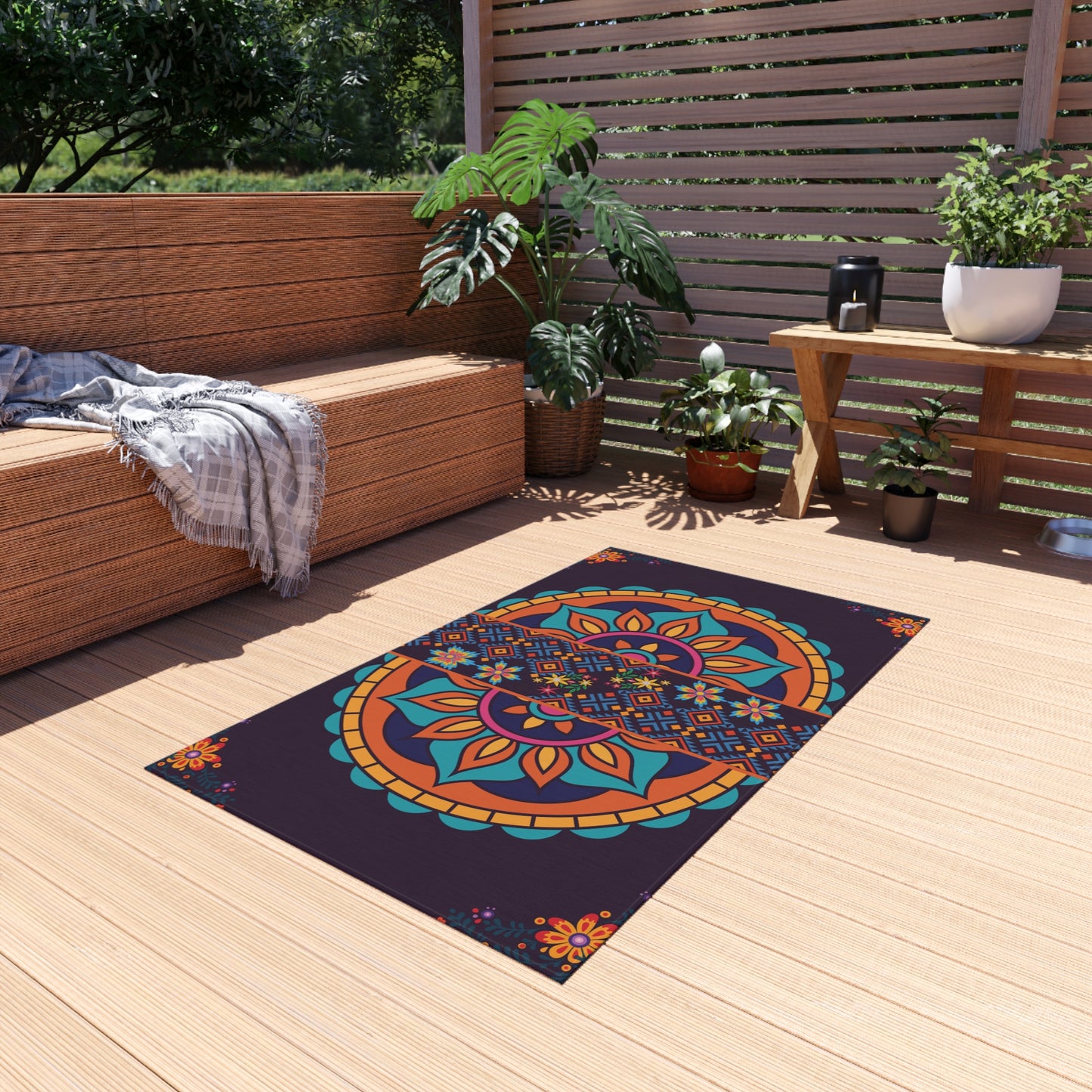 Outdoor Rug Patio – Boho Mandala, Non-Slip, Plum Jewel Tone, Weather-Ready