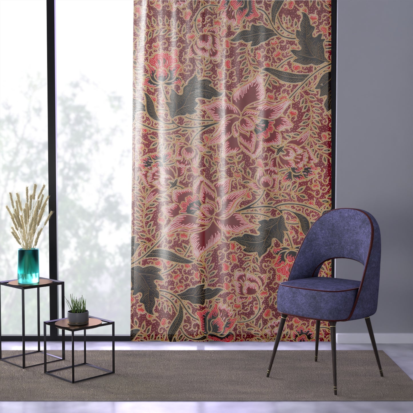 Batik Curtains – Red Floral Window Panel, Boho Living Room Drapes