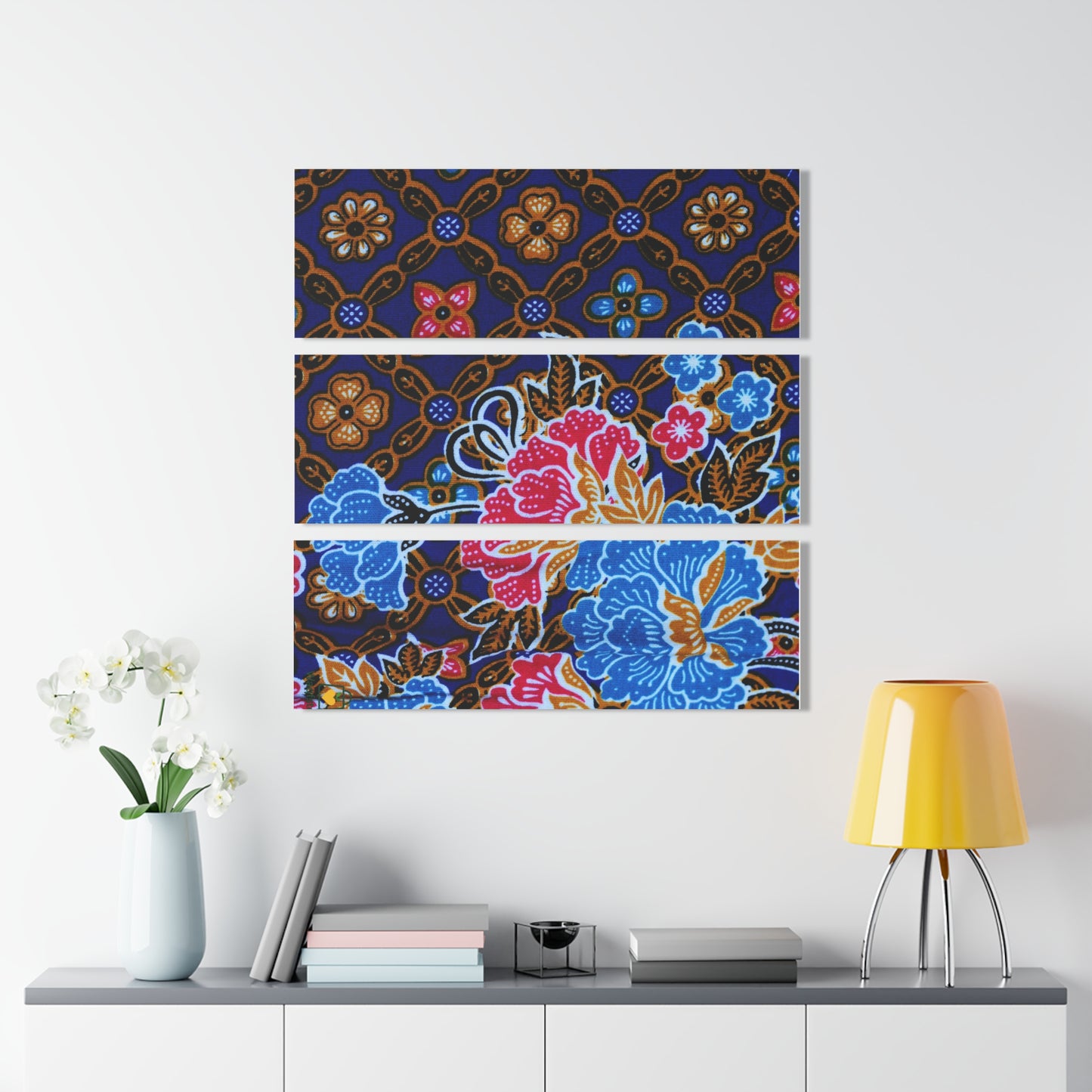 Acrylic Triptych Wall Art – Batik Floral Blue Red, Home & Office Decor (36x12) - Old Indonesian Floral Batik Motifs