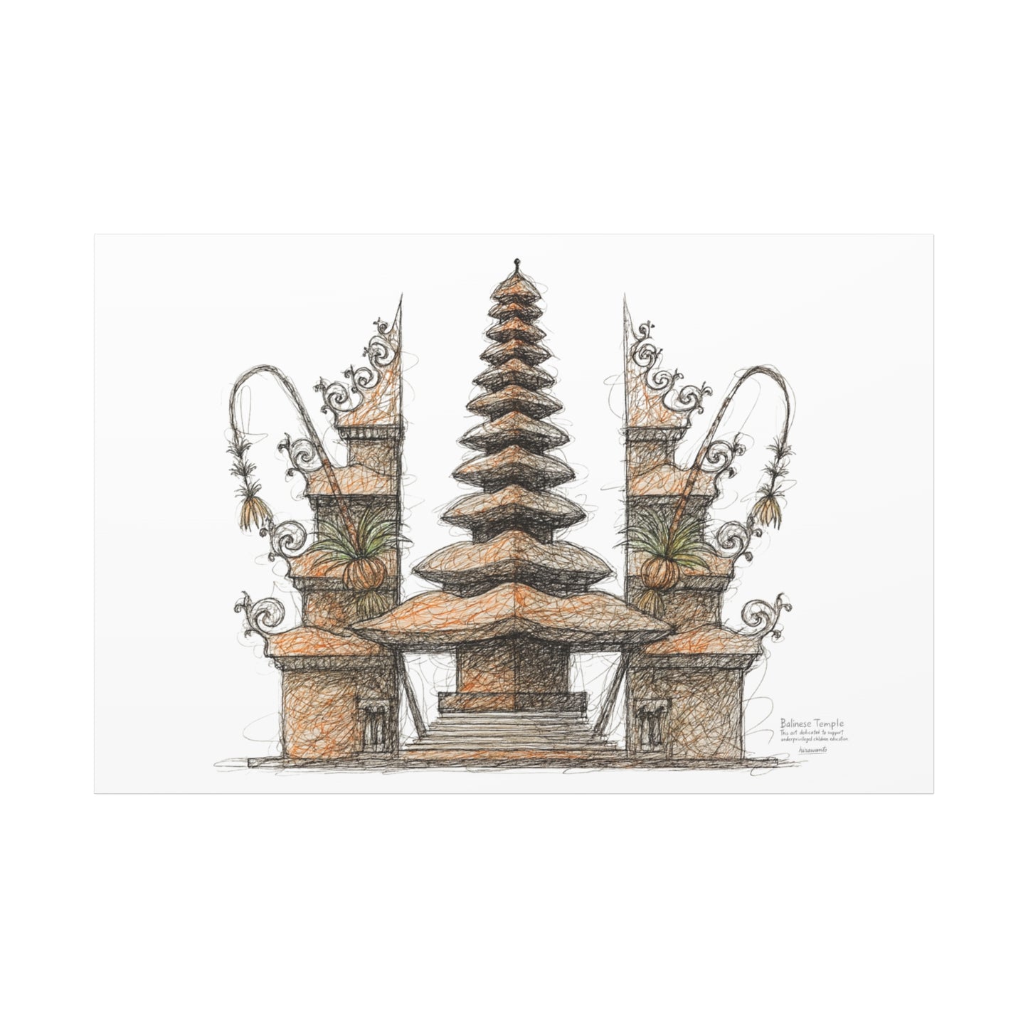 Bali Wall Art: Balinese Temple Scribble Canvas Decoration Print 60x40 inch