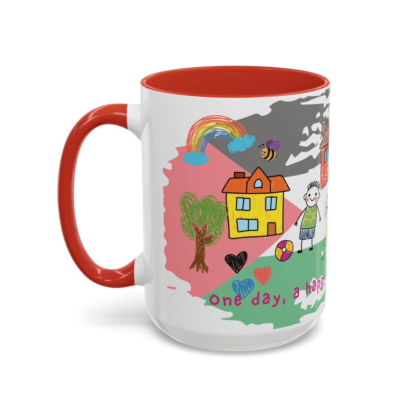 Gaza Palestine Hope - Accent Coffee Mug 15oz – Colorful Crayon Art Inspirational Cup - Child Drawing Style Ceramic Mug