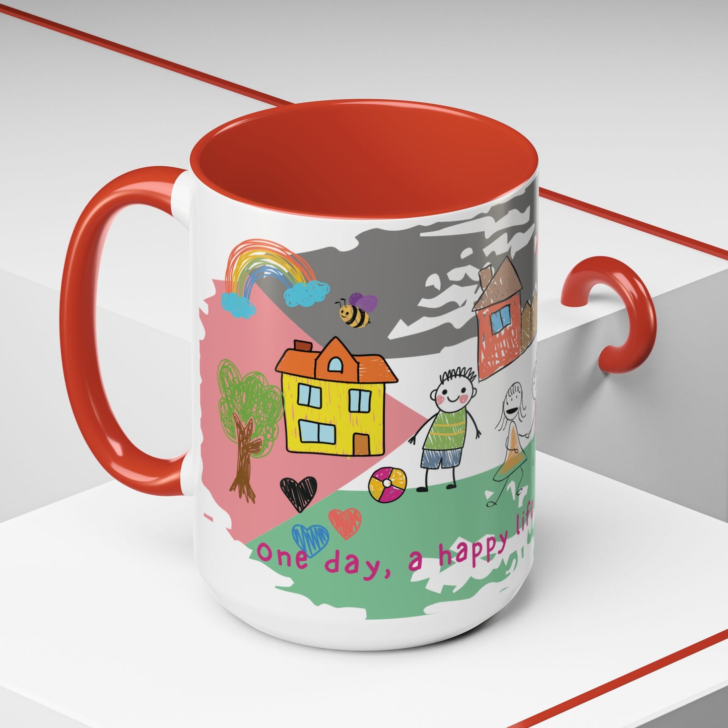 Gaza Palestine Hope - Accent Coffee Mug 15oz – Colorful Crayon Art Inspirational Cup - Child Drawing Style Ceramic Mug