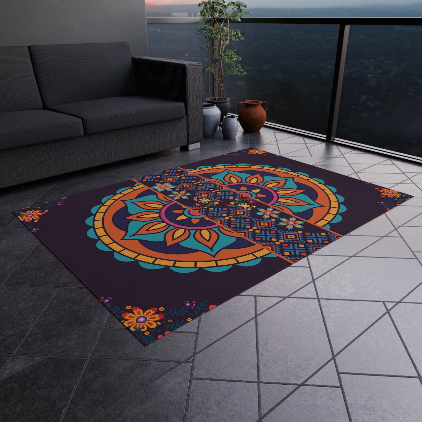 Outdoor Rug Patio – Boho Mandala, Non-Slip, Plum Jewel Tone, Weather-Ready