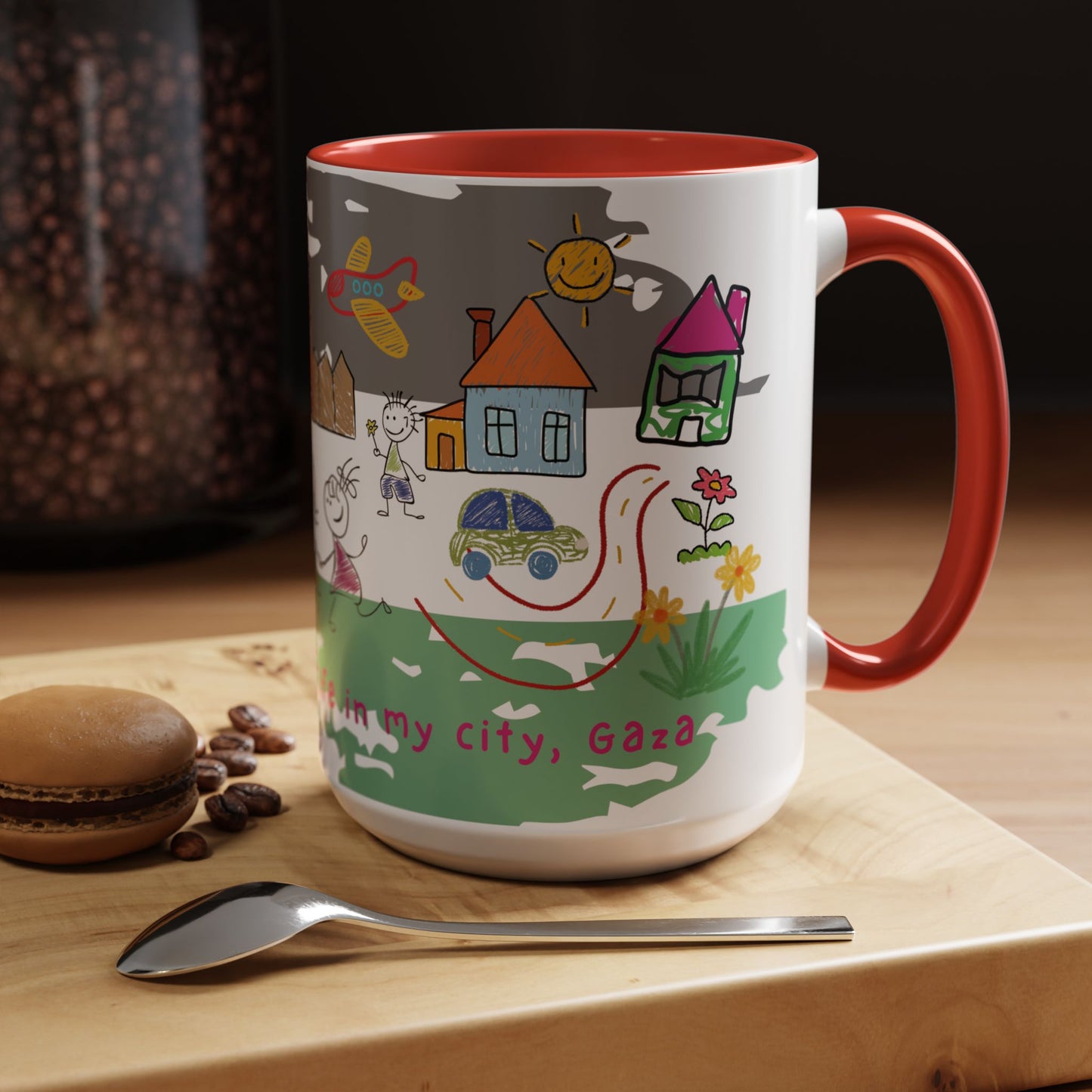 Gaza Palestine Hope - Accent Coffee Mug 15oz – Colorful Crayon Art Inspirational Cup - Child Drawing Style Ceramic Mug