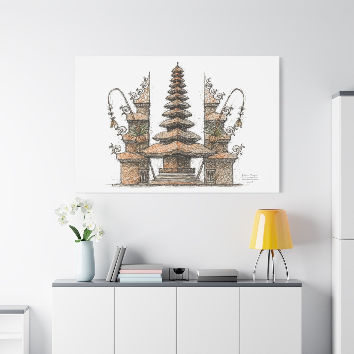 Bali Wall Art: Balinese Temple Scribble Canvas Decoration Print 60x40 inch
