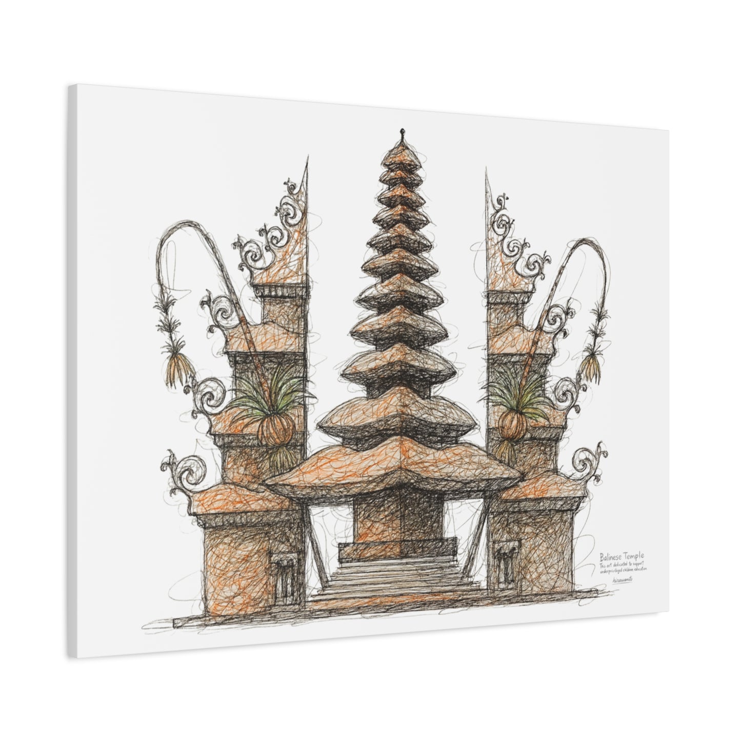 Bali Wall Art: Balinese Temple Scribble Canvas Decoration Print 60x40 inch