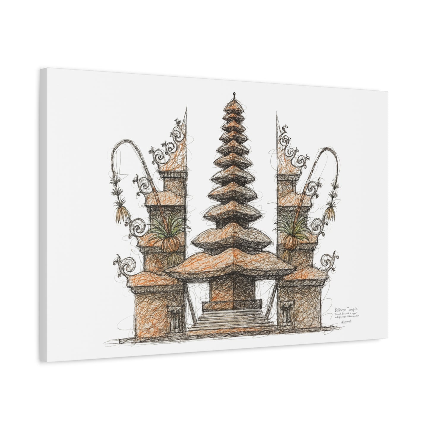 Bali Wall Art: Balinese Temple Scribble Canvas Decoration Print 60x40 inch