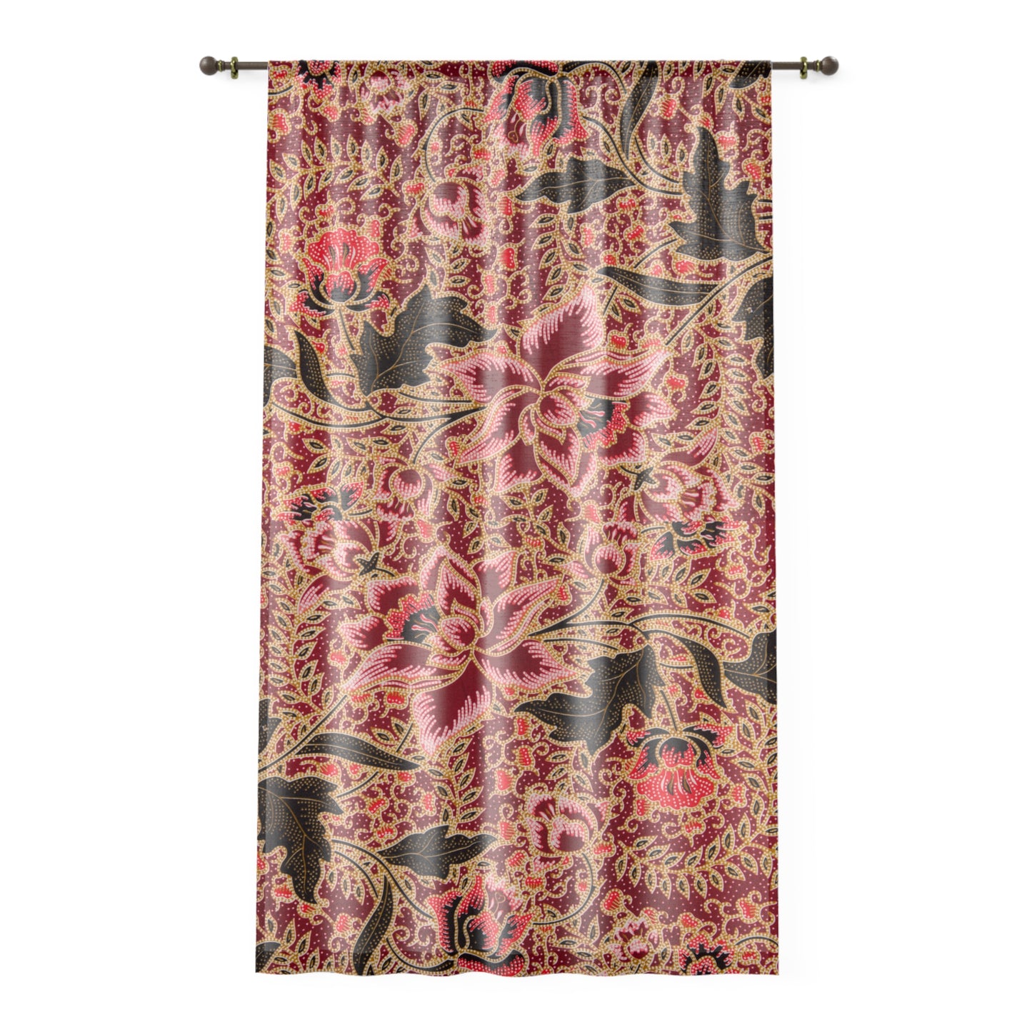 Batik Curtains – Red Floral Window Panel, Boho Living Room Drapes