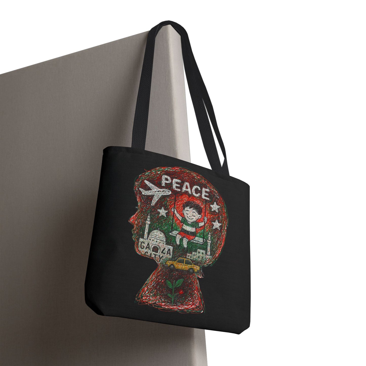 Gaza Palestine Peace Scribble Art Tote Bag – 18x18" Handmade Design | Eco-Friendly Shoulder Bag | Charity Gift Supporting Children’s Education