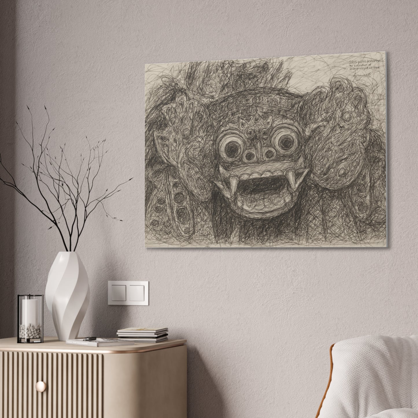 Barong Bali Wall Art Boho Decor – Balinese Ethnic Hand-Drawn Scribble Canvas