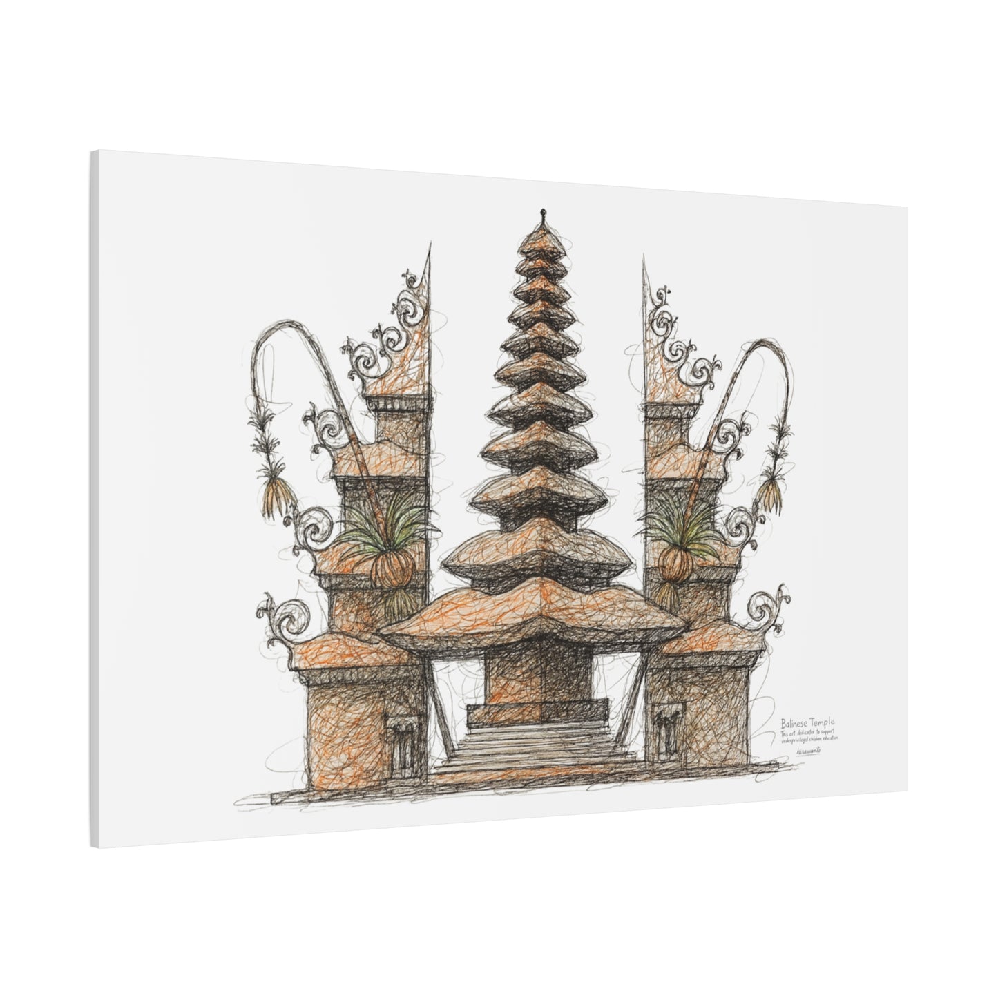 Bali Wall Art: Balinese Temple Scribble Canvas Decoration Print 60x40 inch