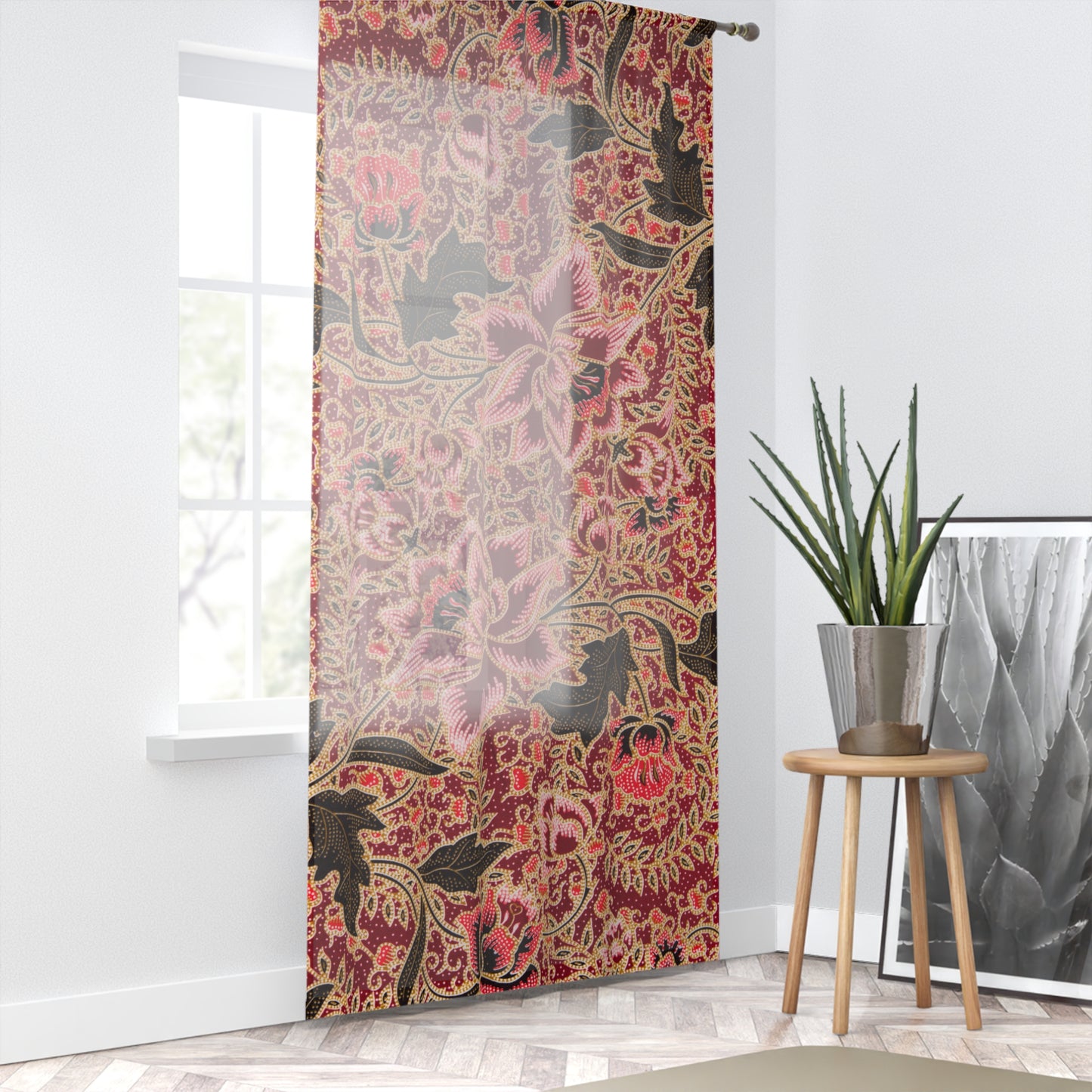 Batik Curtains – Red Floral Window Panel, Boho Living Room Drapes