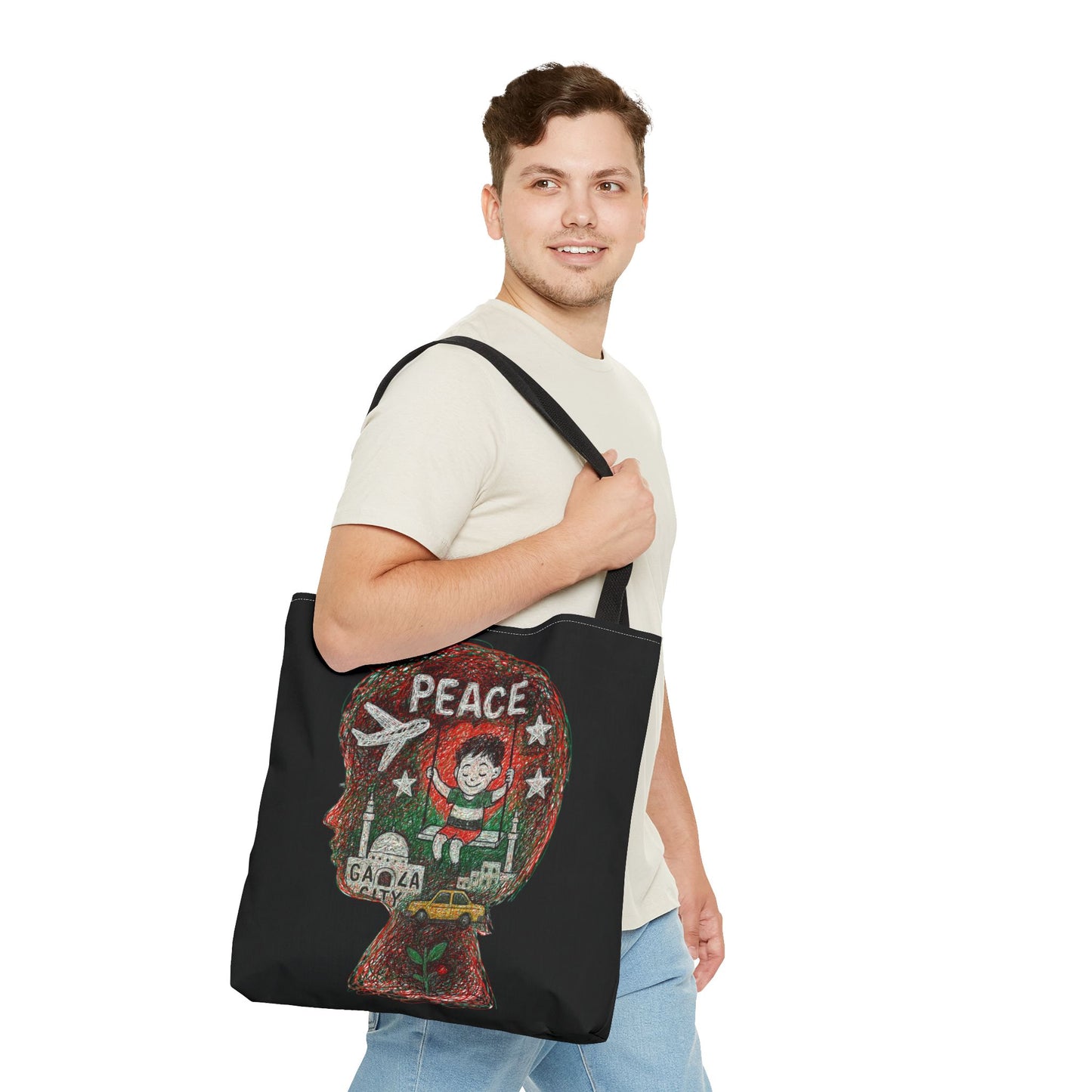 Gaza Palestine Peace Scribble Art Tote Bag – 18x18" Handmade Design | Eco-Friendly Shoulder Bag | Charity Gift Supporting Children’s Education