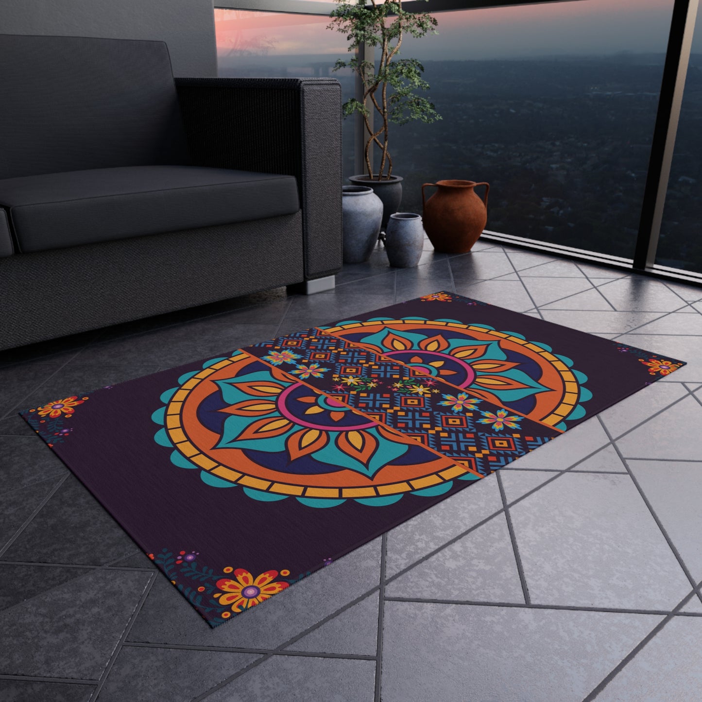 Outdoor Rug Patio – Boho Mandala, Non-Slip, Plum Jewel Tone, Weather-Ready