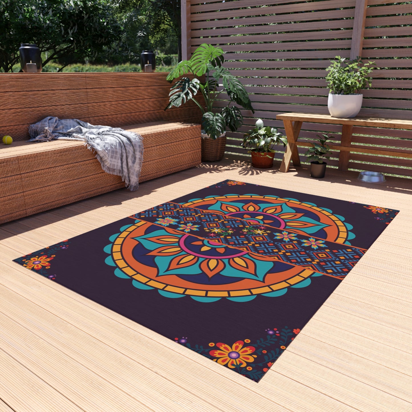Outdoor Rug Patio – Boho Mandala, Non-Slip, Plum Jewel Tone, Weather-Ready