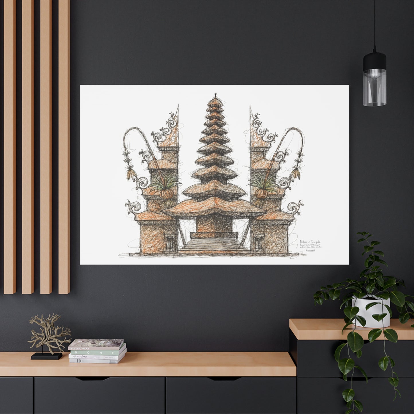 Bali Wall Art: Balinese Temple Scribble Canvas Decoration Print 60x40 inch
