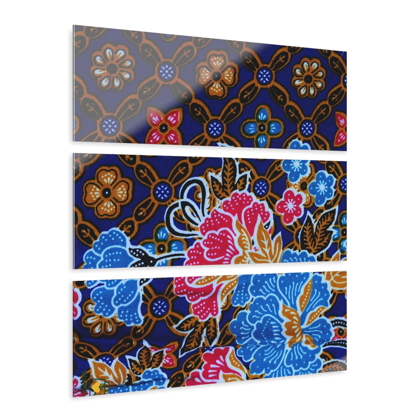 Acrylic Triptych Wall Art – Batik Floral Blue Red, Home & Office Decor (36x12) - Old Indonesian Floral Batik Motifs