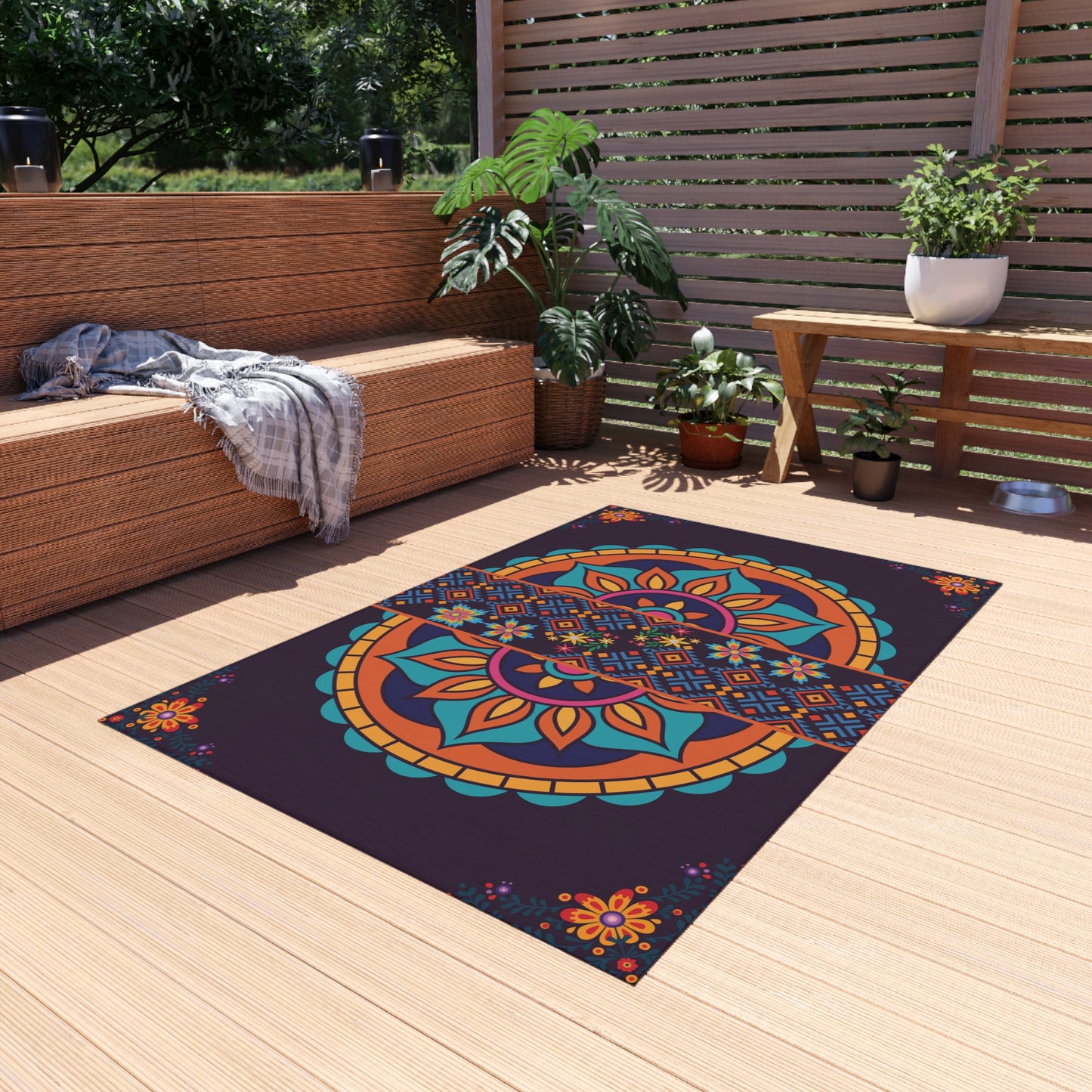Outdoor Rug Patio – Boho Mandala, Non-Slip, Plum Jewel Tone, Weather-Ready