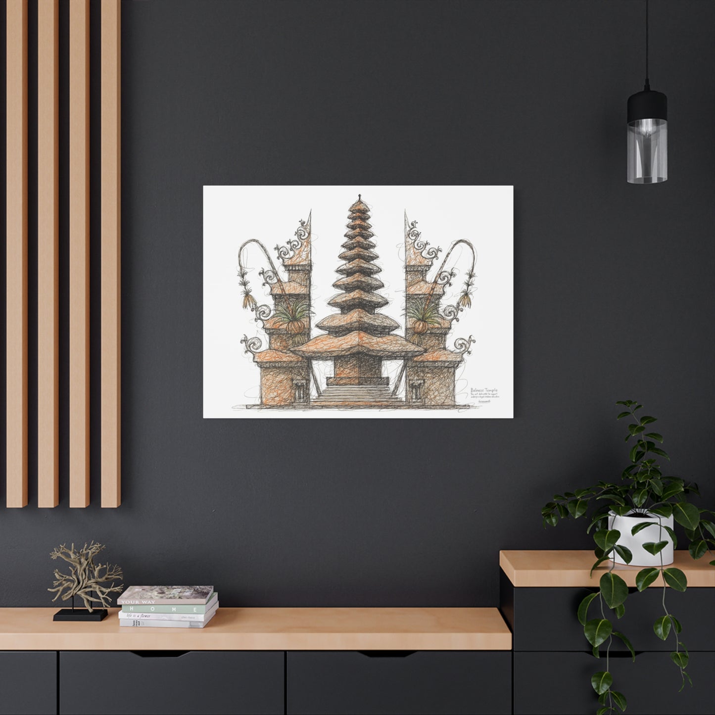 Bali Wall Art: Balinese Temple Scribble Canvas Decoration Print 60x40 inch