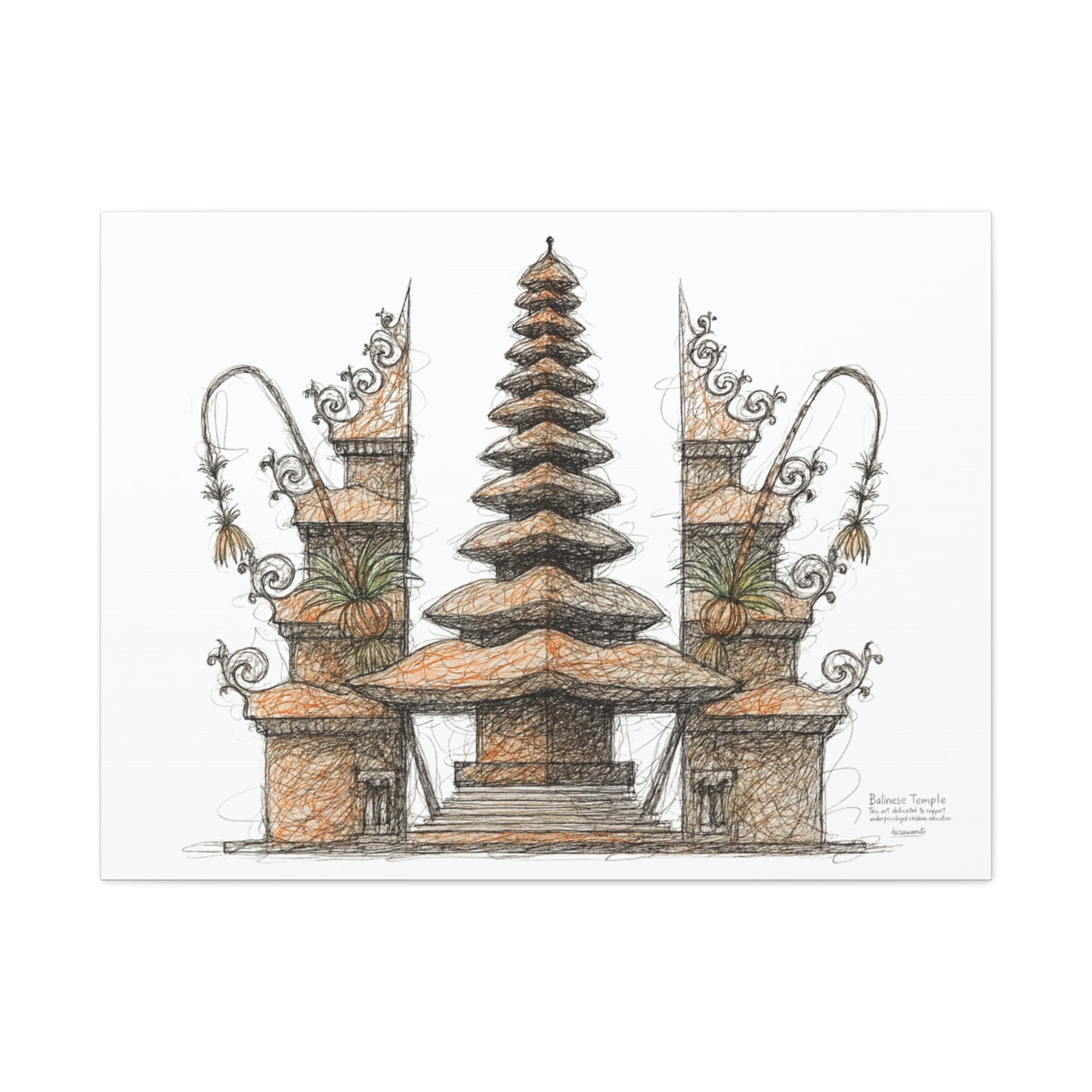 Bali Wall Art: Balinese Temple Scribble Canvas Decoration Print 60x40 inch