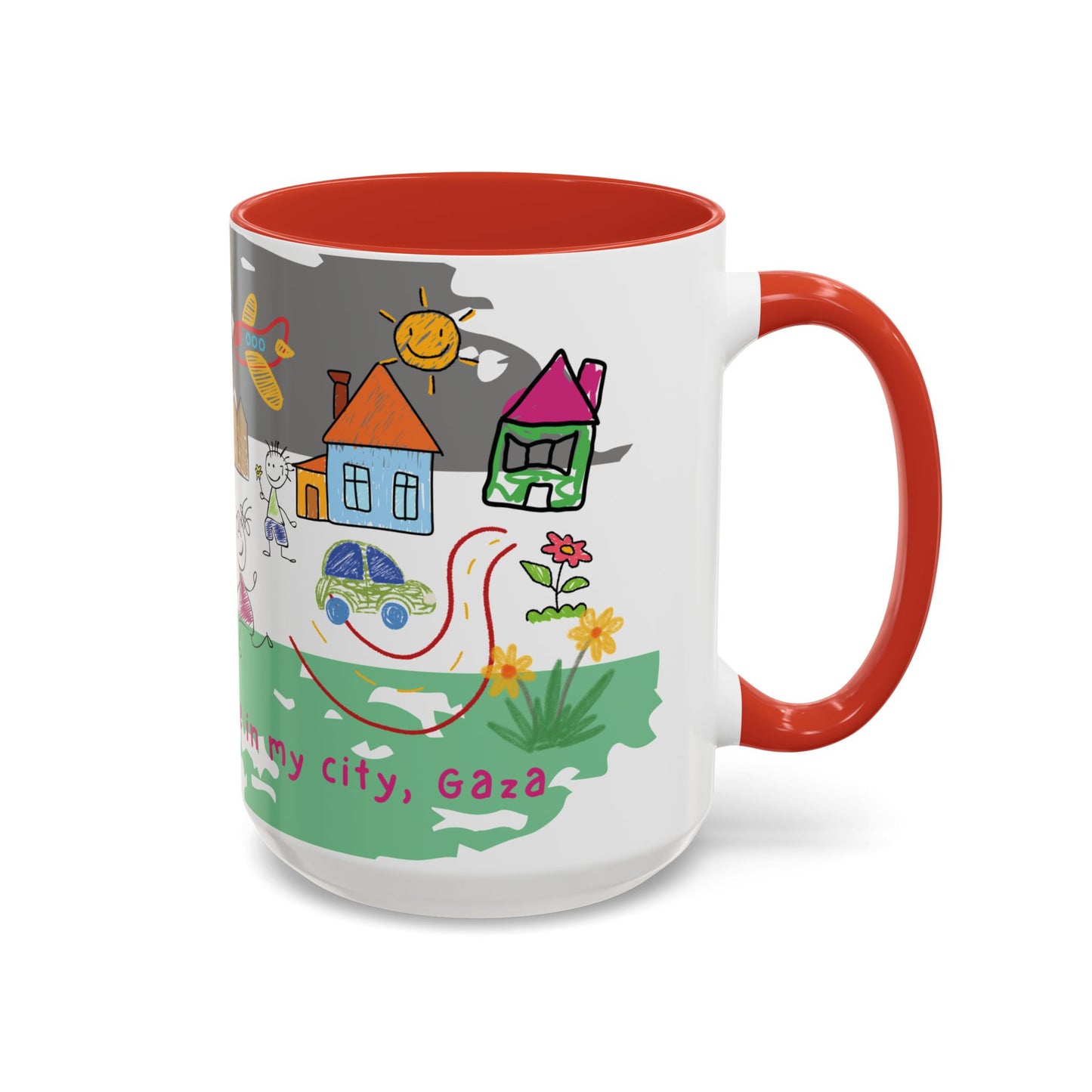 Gaza Palestine Hope - Accent Coffee Mug 15oz – Colorful Crayon Art Inspirational Cup - Child Drawing Style Ceramic Mug